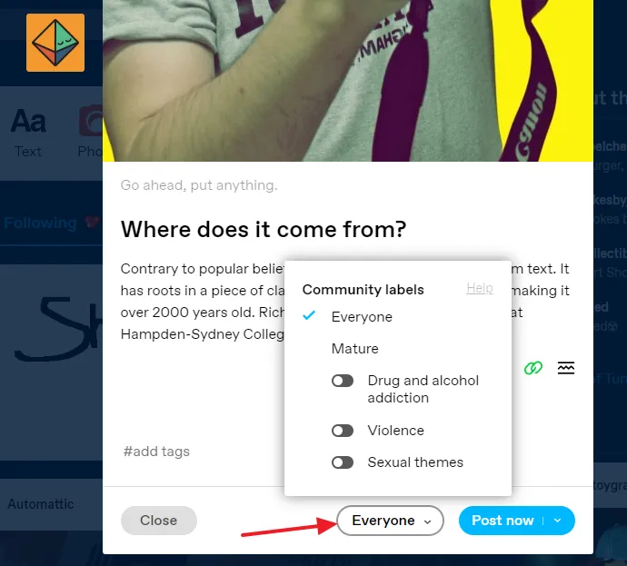 The Community Labels allow you to choose the right audience/community to view your post. They give you more control over who can see the post. There are two main categories (1) Everyone (2) Mature