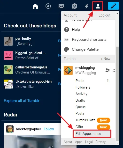 Click the Account icon, located at top-right corner and Scroll-down to bottom and click the Edit Appearance.