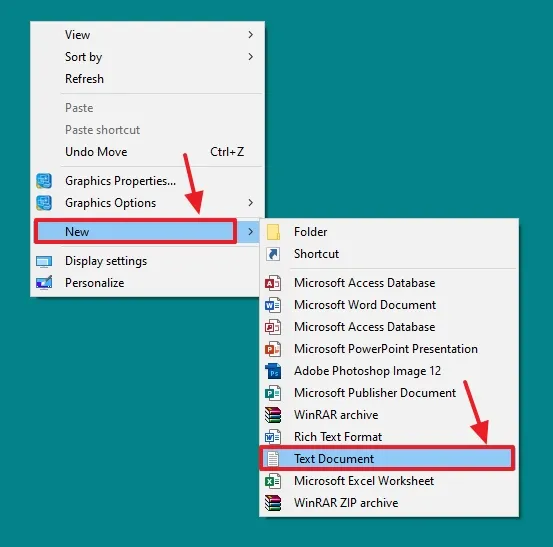 Now right-click on the desktop and move the mouse pointer on New and click the Text Document.