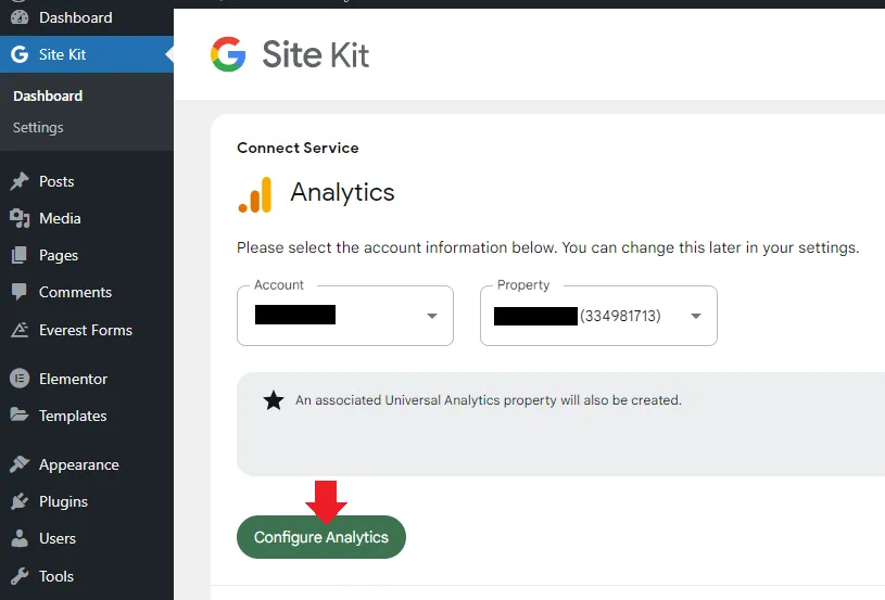 Click the Configure Analytics button to connect your Google Analytics account in Site Kit.