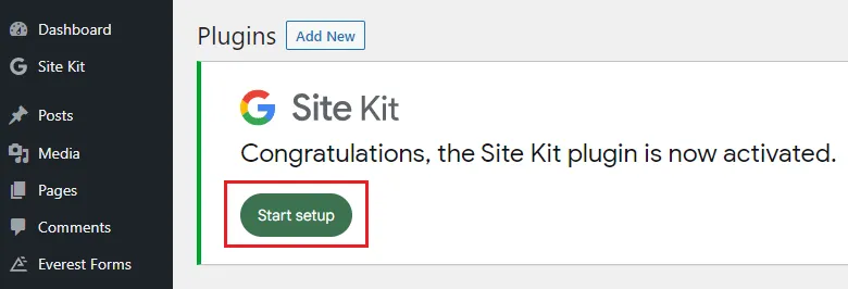 1) You will see a message, "Congratulations, the Site Kit plugin is now activated".2)Click the START SETUP button.