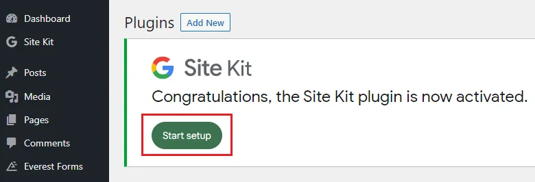 1) You will see a message, "Congratulations, the Site Kit plugin is now activated".
2)Click the START SETUP button.