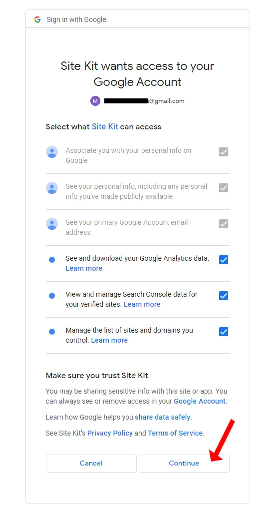 1) Gmail will ask you for a permission in order to allow Sit Kit's access to your Gmail (Google) account.2) Tick all the Options.3) Click the Continue button.