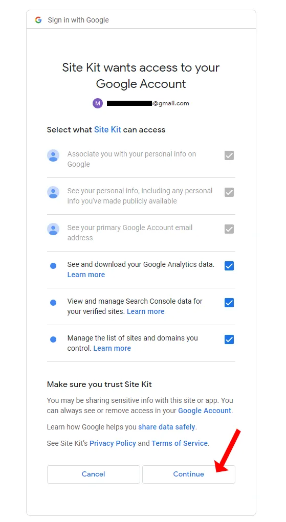 1) Gmail will ask you for a permission in order to allow Sit Kit's access to your Gmail (Google) account.
2) Tick all the Options.
3) Click the Continue button.