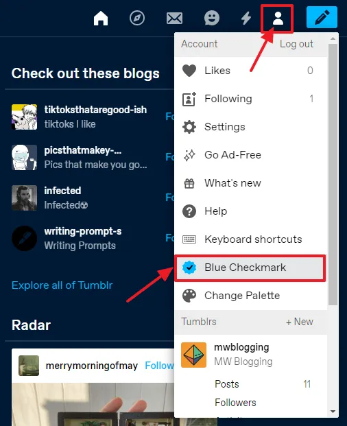 Click the Account icon, located at top-right corner. Click the Blue Checkmark. 
