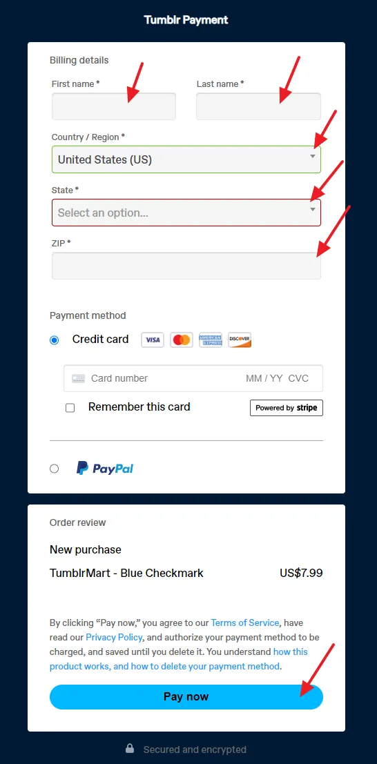Select a Payment Method. There are two payment options (1) Credit Card (2) PayPal.