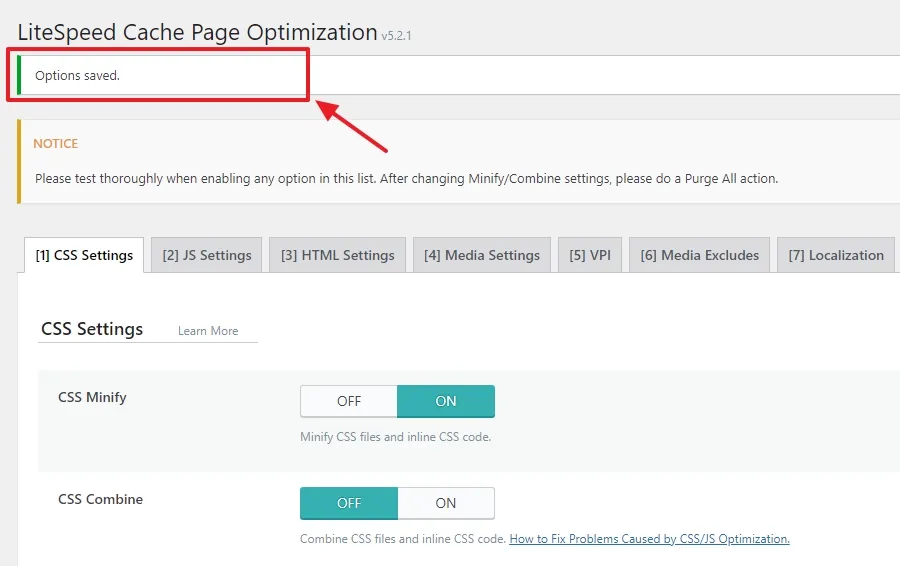 403 Forbidden error removed and LiteSpeed Cache page optimization settings were saved.