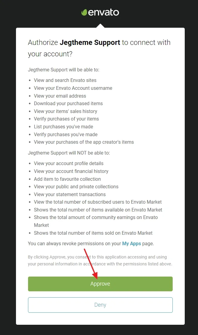 Click the Approve button to authorize the Jegtheme support to connect with your account. 
