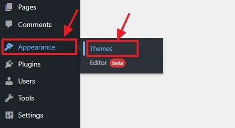 Go to Appearance from the Sidebar and click the Themes. Go to Appearance from the Sidebar and click the Themes.