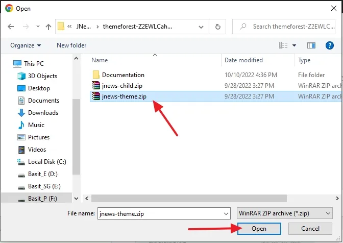 Select the jnews-theme.zip file and click the Open button.