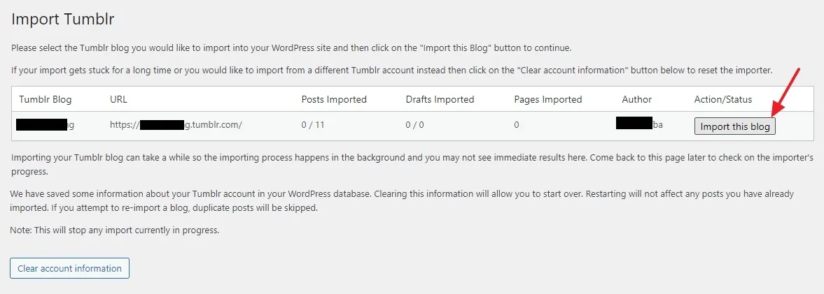 Click the Import this blog button.