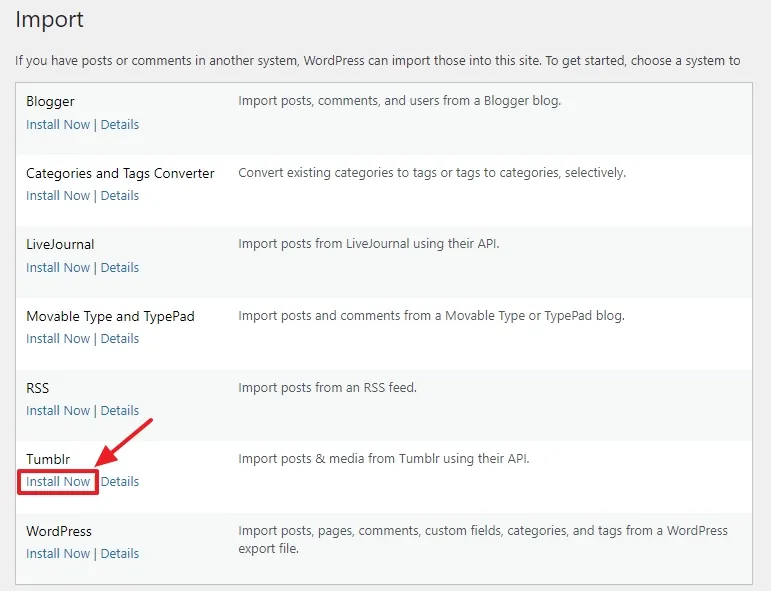 Scroll-down to Tumblr section and click the Install Now. 