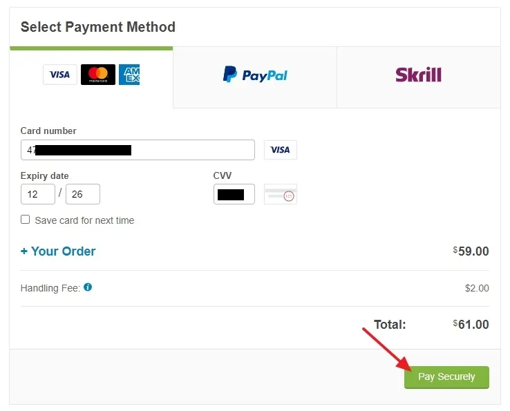 Choose a Payment method to buy a theme on Themeforest