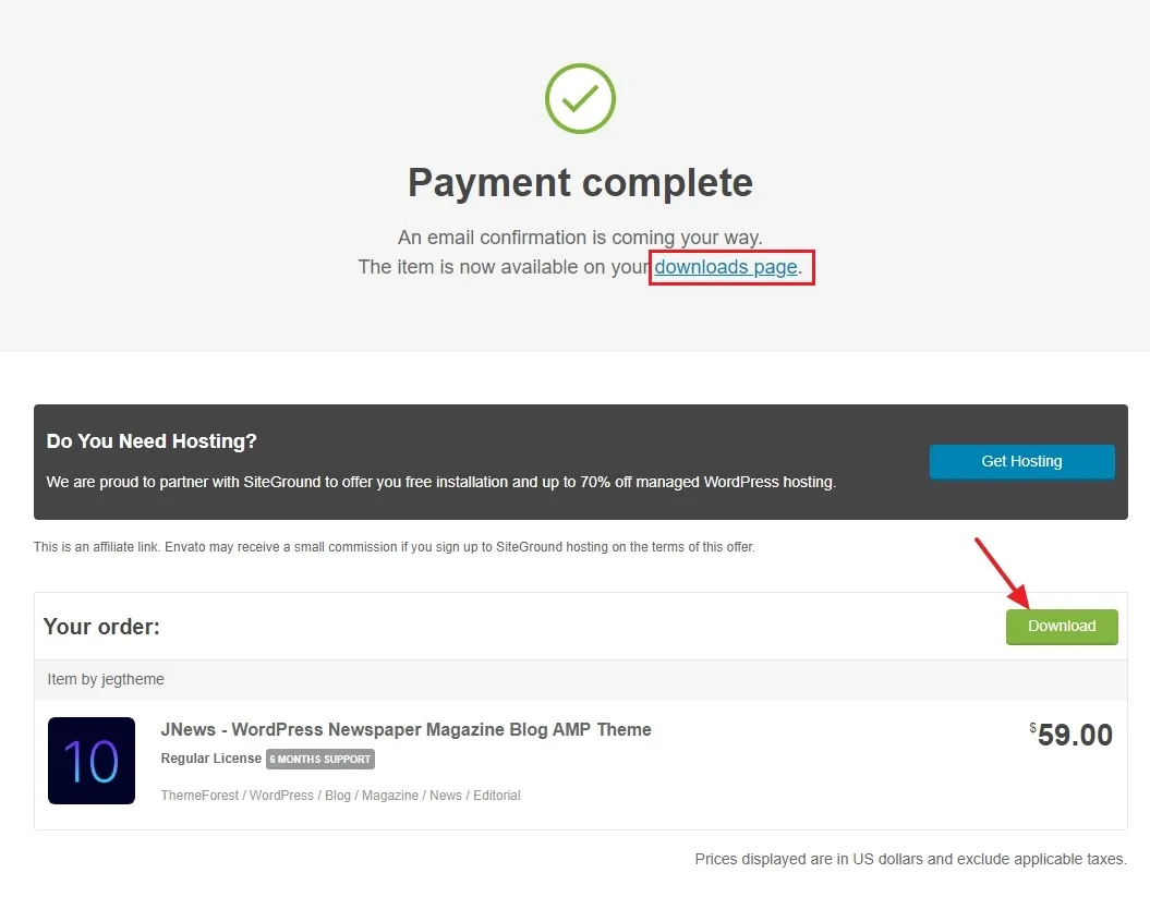 To download your theme directly from this page scroll-down to Your order section and click the Download button.