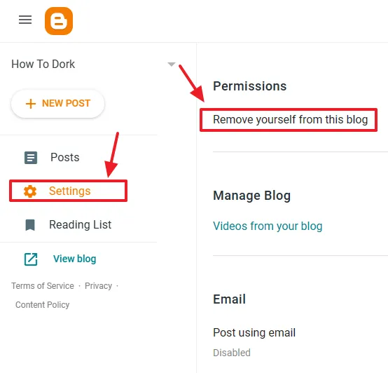 Click Settings from the sidebar. Go to Permissions section. Click the Remove yourself from this blog.