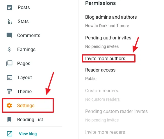 Go to Settings from the sidebar. Scroll down to "Permissions" section. Click "Invite more authors".