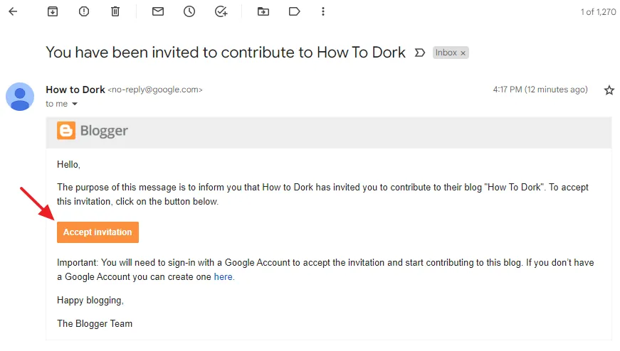 Blogger will send an email on your behalf to the author(s) in order to accept the invitation. Author must click the Accept invitation button.