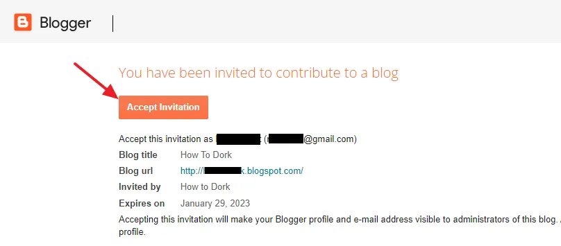 Author will be redirected to Blogger where he has to accept the invitation again. Click the Accept Invitation button