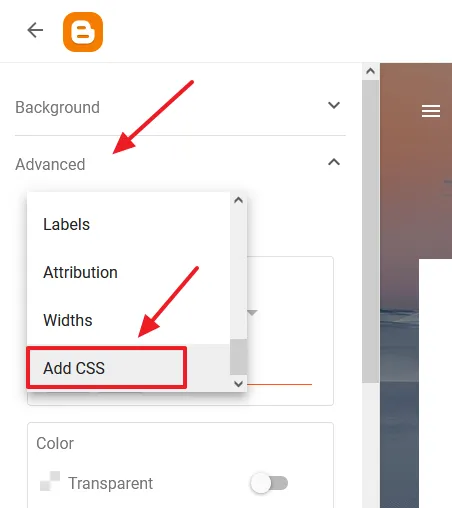 Click the Advanced tab to expand the options. Click the Add CSS option.