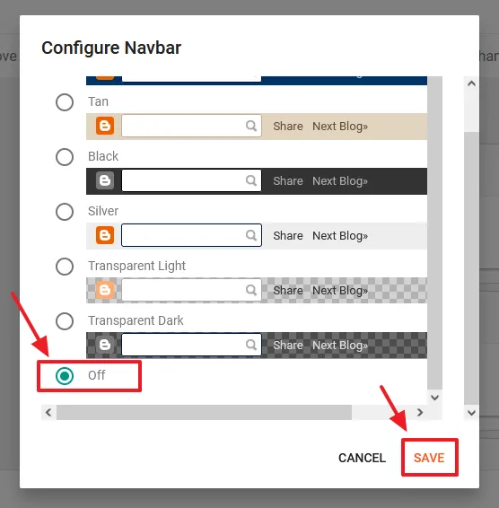 Scroll-down to Configure Navbar and select the "Off". Click Save. Scroll-down to Configure Navbar and select the "Off". Click Save.