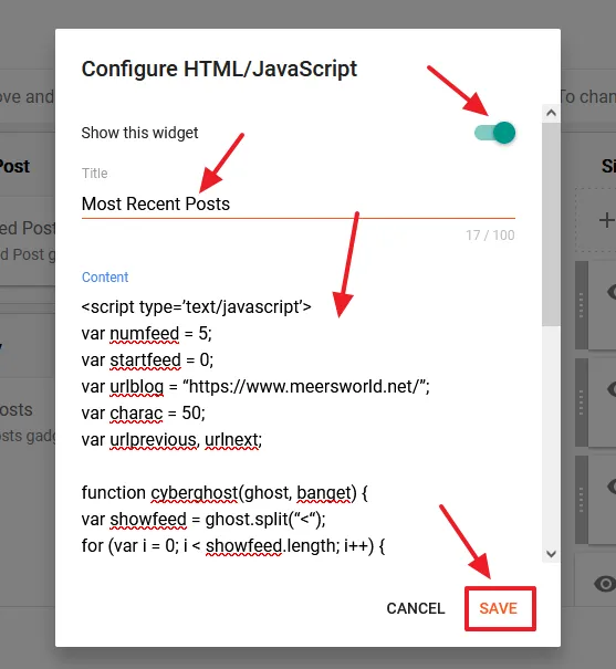 Copy the HTML/Javascript/CSS code of Most Recent Posts widget that I have shared in the next step, and Paste in the Content textarea. Copy the HTML/Javascript/CSS code of Most Recent Posts widget that I have shared in the next step, and Paste in the Content textarea.