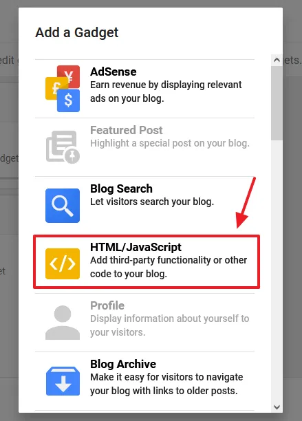 Click the HTML/JavaScript gadget. 