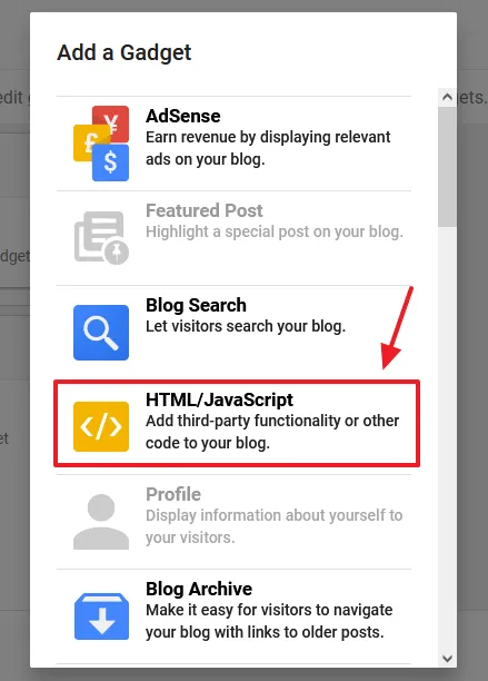 Click the HTML/JavaScript gadget. Click the HTML/JavaScript gadget.