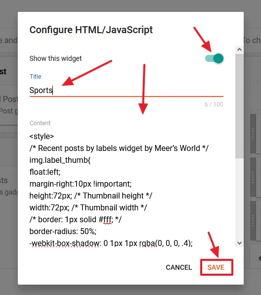 In the Content, paste the code of Specific Label Posts widget. Click the Save.