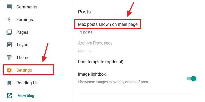 Go to Settings from the sidebar. Scroll-down to "Posts" section. Click "Max posts shown on main page".