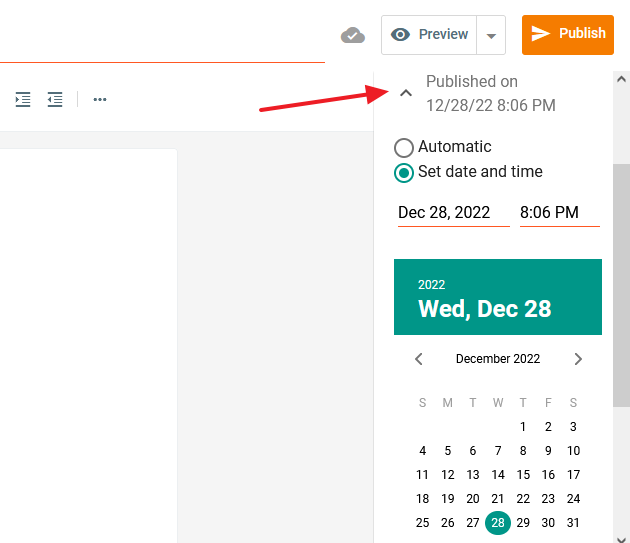  If you want to schedule your post to be published at some other date and time you can use "Set date and time".