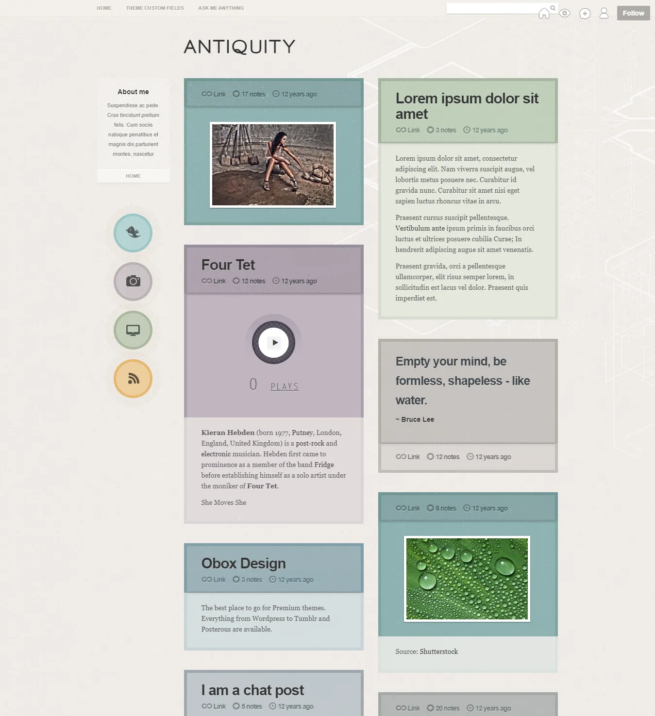 Oboxdesign minimalistic content-focused premium Tumblr themes for personal blogs. Oboxdesign minimalistic content-focused premium Tumblr themes for personal blogs.