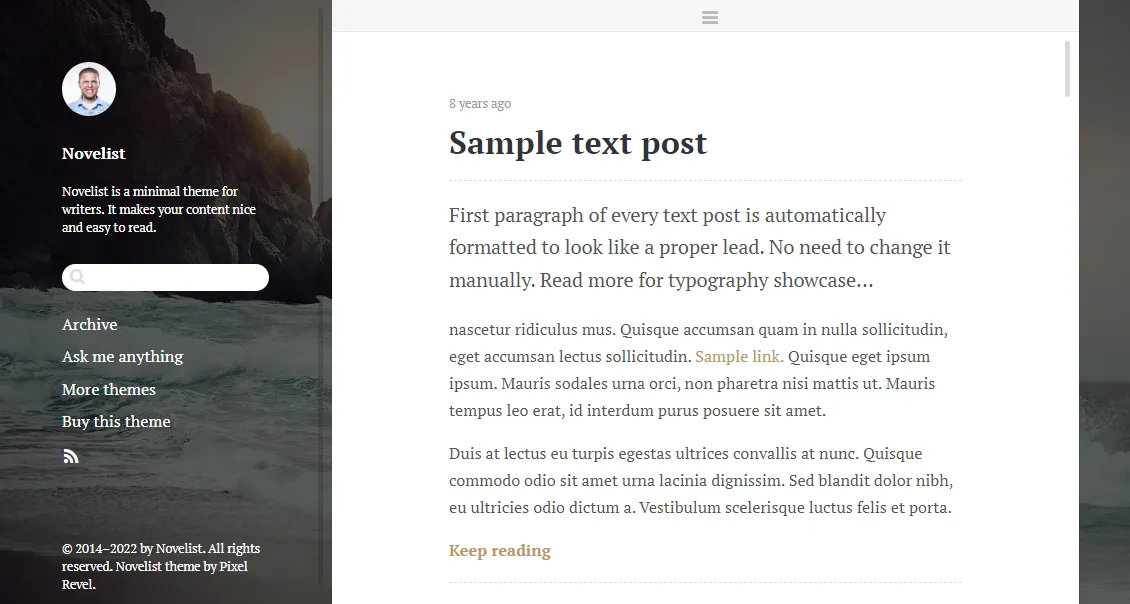 Pixel Revel Novelist Tumblr Themes for writers & authors with beautiful typography