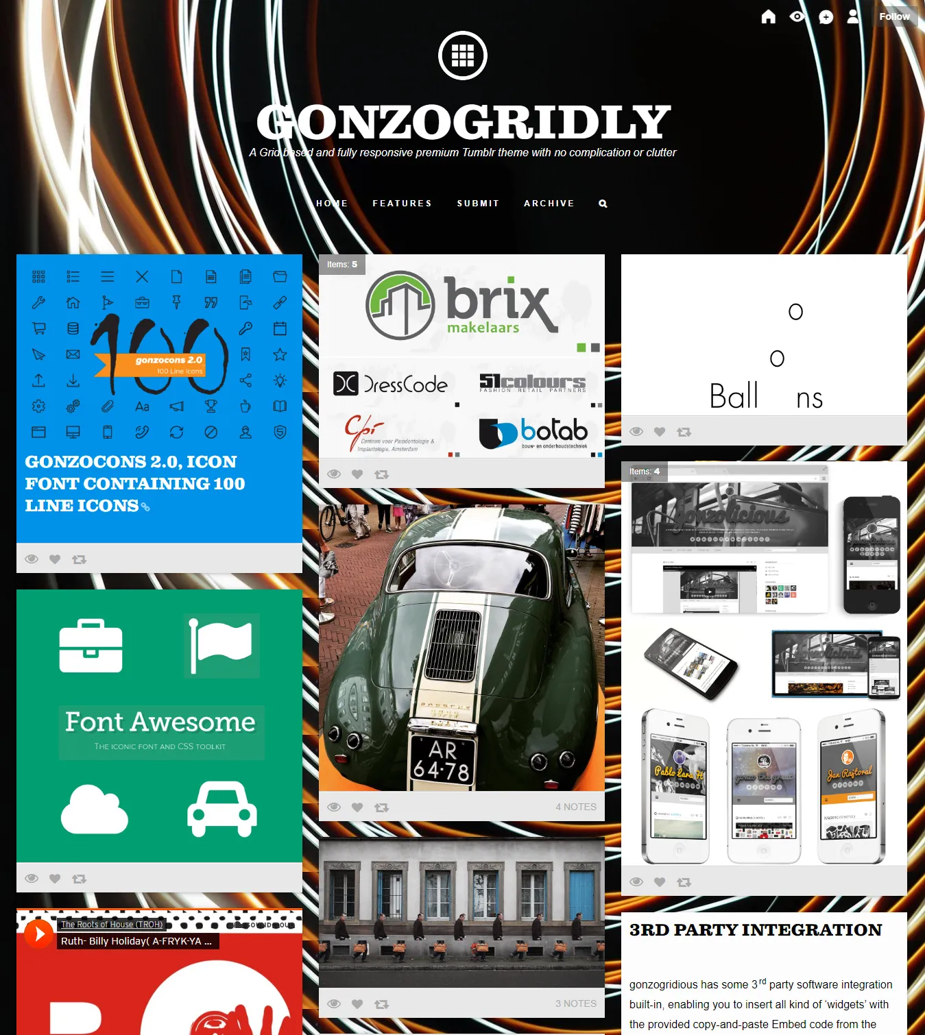 Gonzogridly Rajtoral Tumblr theme suitable for videographers, graphic designers, web designers, and photographers.