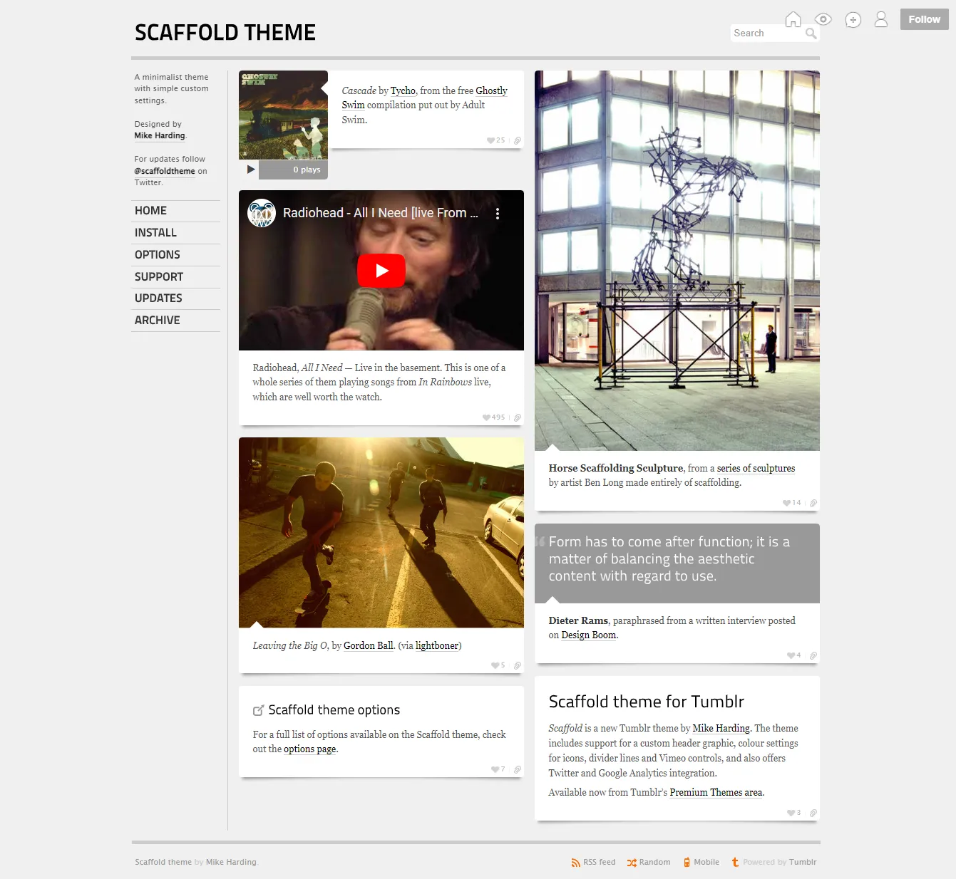 Sneak's Tumblr theme Scaffold, a simple and minimal cheap Tumblr theme for personal blogs