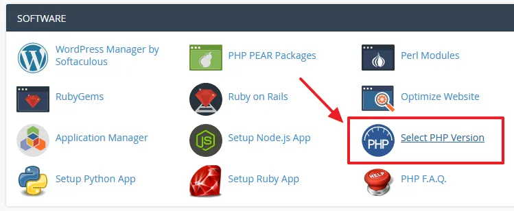 Login to your cPanel account. Go to SOFTWARE section and click the Select PHP Version.