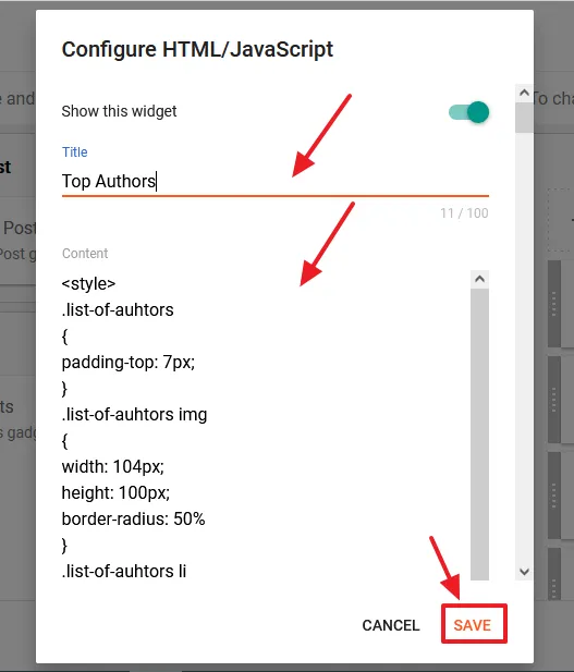 Enter a Title for the Author Widget. Paste the code in the Content after making the changes