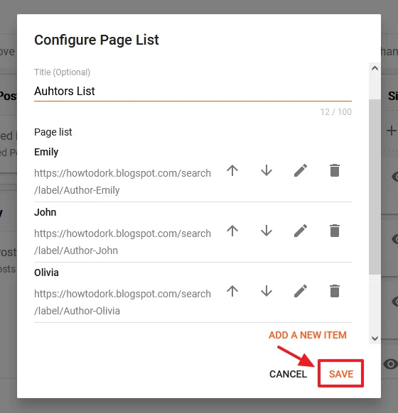 Once you add all the authors in the Page List widget, click SAVE.