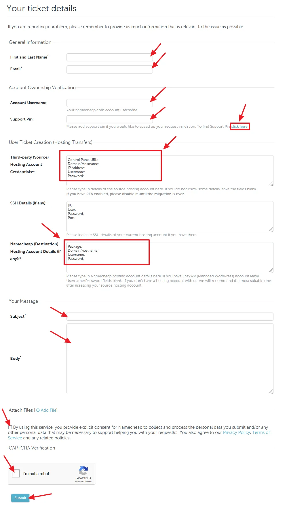 Fill the hosting migration ticket details