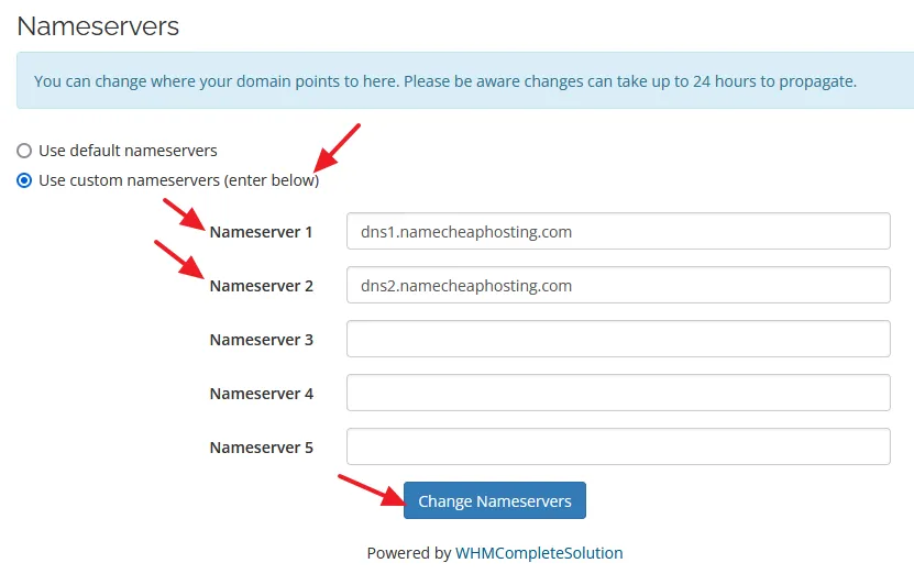Select "Use custom nameservers" option and replace the old nameservers with Namecheap nameservers that Namecheap will provide you in the email.