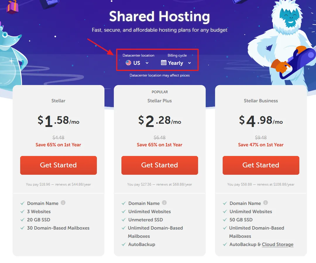 Choose Datacenter location, billing cycle and shared hosting plan