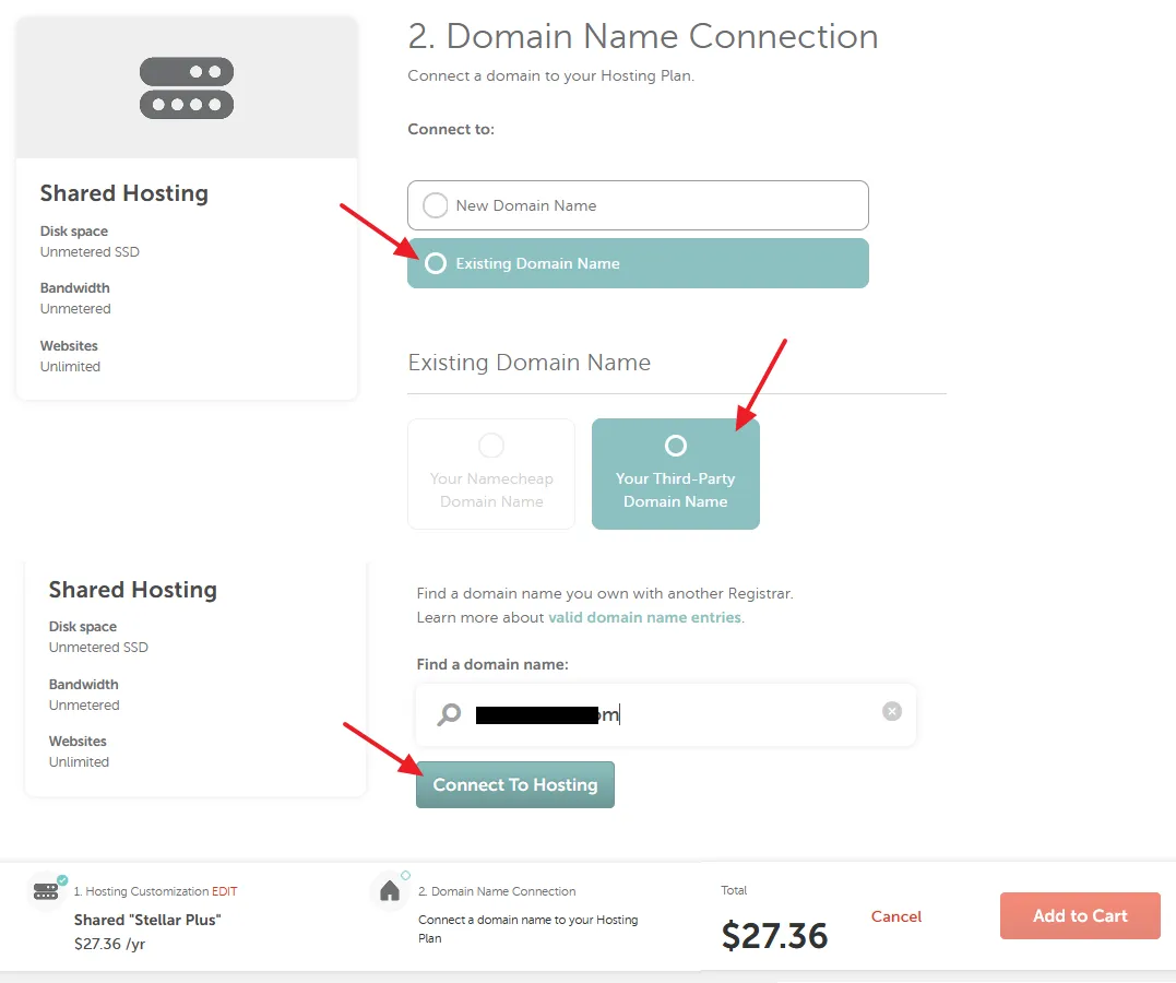 Select the the Existing Domain Name. In the "Existing Domain Name" select the Your Third-Party Domain Name option, and then click the Connect to Hosting.