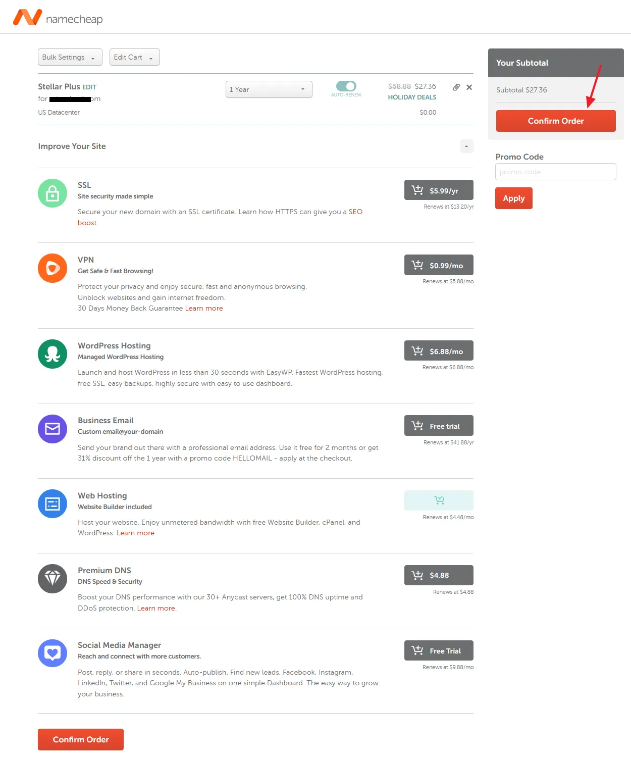 Click the Confirm Order button. You can also add a namecheap promo code.