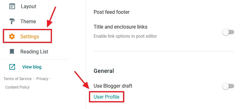 Go to Settings from the sidebar. Scroll down to "General" section. Click the "User Profile" link.