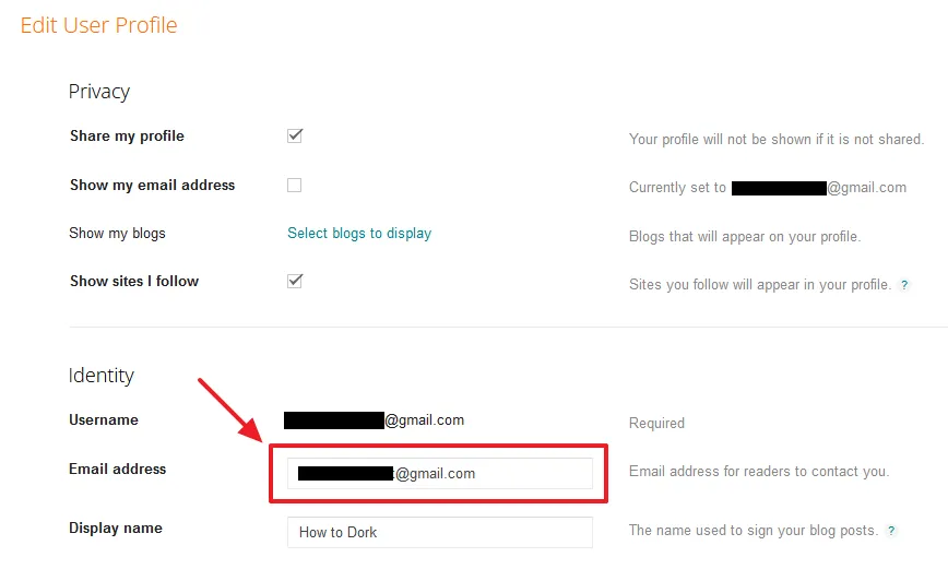 Under the "Identity" section go to "Email address". Enter the email address that you want your blog visitors to contact you. 