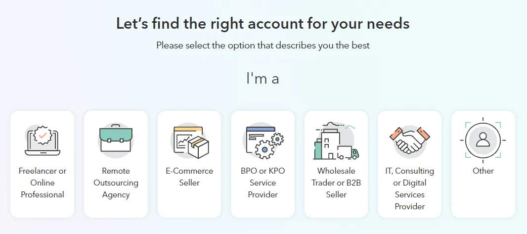 Choose yourprofession or business Freelancer or Online Service, Remote Outsourcing Agency, E-Commerce Seller, BPO or KPO Service Provider, Wholesale Trader or B2B Seller, IT, Consulting or Digital Services Provider, and Others