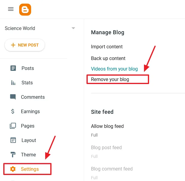 Go to Settings from the sidebar. Scroll down to "Manage Blog" section and click "Remove your blog"