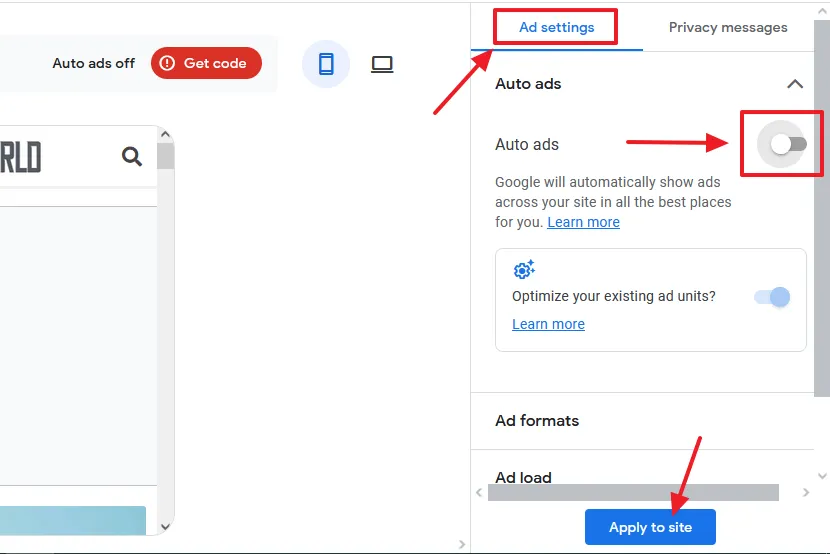 Go to Ad settings tab. Expand the Auto ads, and drag the slider towards your left to turn-off the Auto ads. Scroll-down and click the Apply to site button.