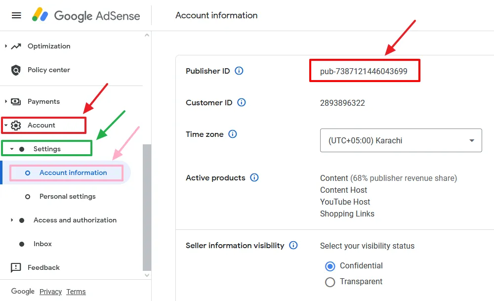 On your Google AdSense account, click the Account from the sidebar. Expand the Settings tab. Click the Account information. Copy your AdSense Published ID
