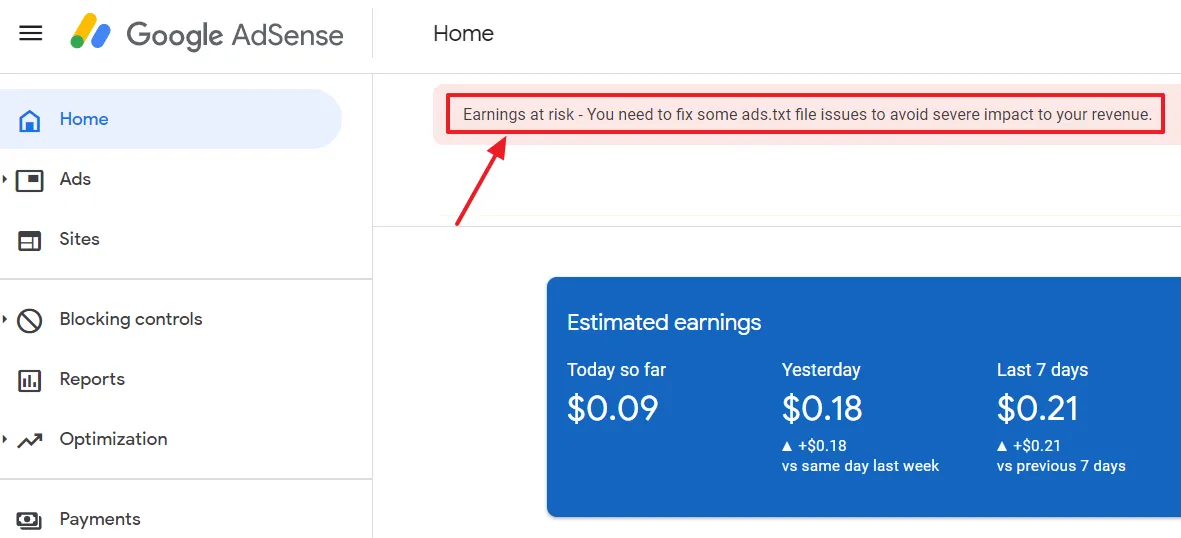 Earnings at risk - One or more of your sites does not have an ads.txt file. Fix this now to avoid severe impact to your revenue.