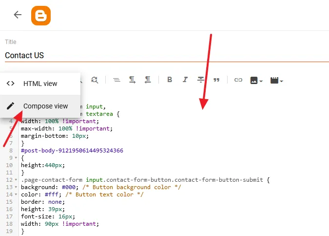 Paste the Contact Form code in the HTML view that I have shared below. After you paste the code click the Compose view.